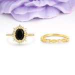 Minimal Polished Inner Band Two In One Oval Cut Halo Vintage Lace Stackable Black Onyx Bridal ring set - Yellow-Gold