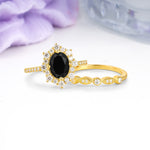 Minimal Polished Inner Band Two In One Oval Cut Halo Vintage Lace Stackable Black Onyx Bridal ring set - Rose-Gold