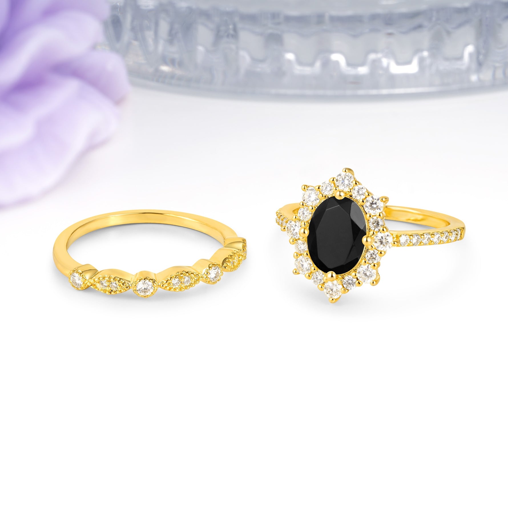 Minimal Polished Inner Band Two In One Oval Cut Halo Vintage Lace Stackable Black Onyx Bridal ring set - Additional view