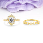 Minimal Polished Inner Band Two In One Oval Cut Halo Vintage Lace Stackable Lab Diamond Bridal ring set - Yellow-Gold