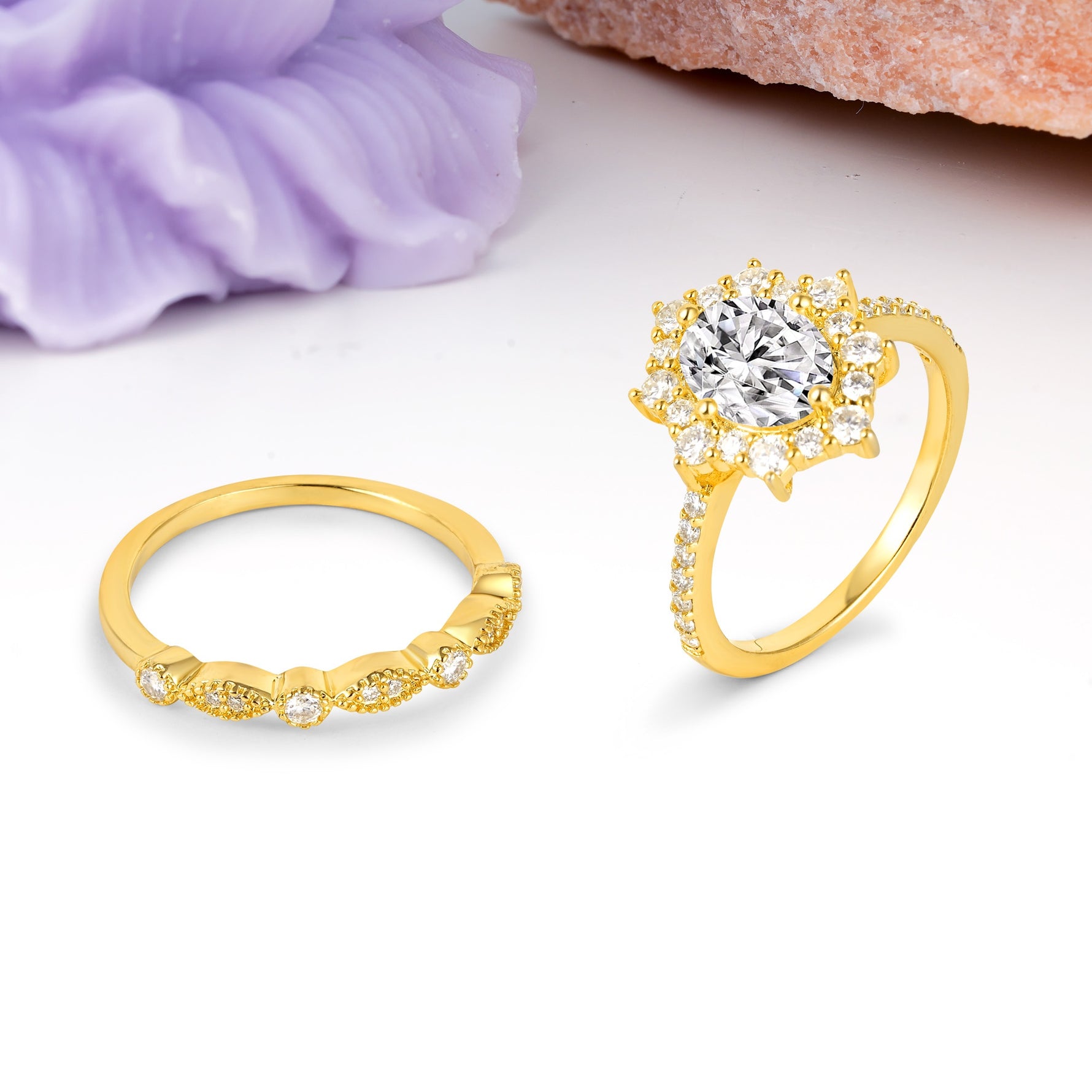 Minimal Polished Inner Band Two In One Oval Cut Halo Vintage Lace Stackable Lab Diamond Bridal ring set - White-Gold