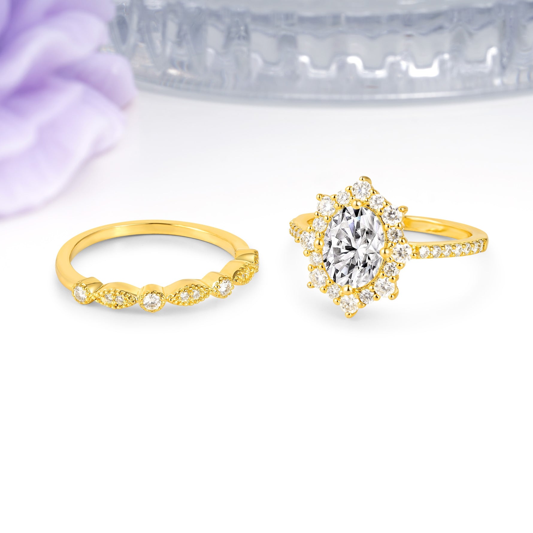 Minimal Polished Inner Band Two In One Oval Cut Halo Vintage Lace Stackable Lab Diamond Bridal ring set - Additional view