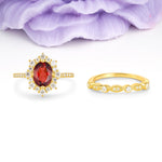 Minimal Polished Inner Band Two In One Oval Cut Halo Vintage Lace Stackable Garnet Bridal ring set - Yellow-Gold