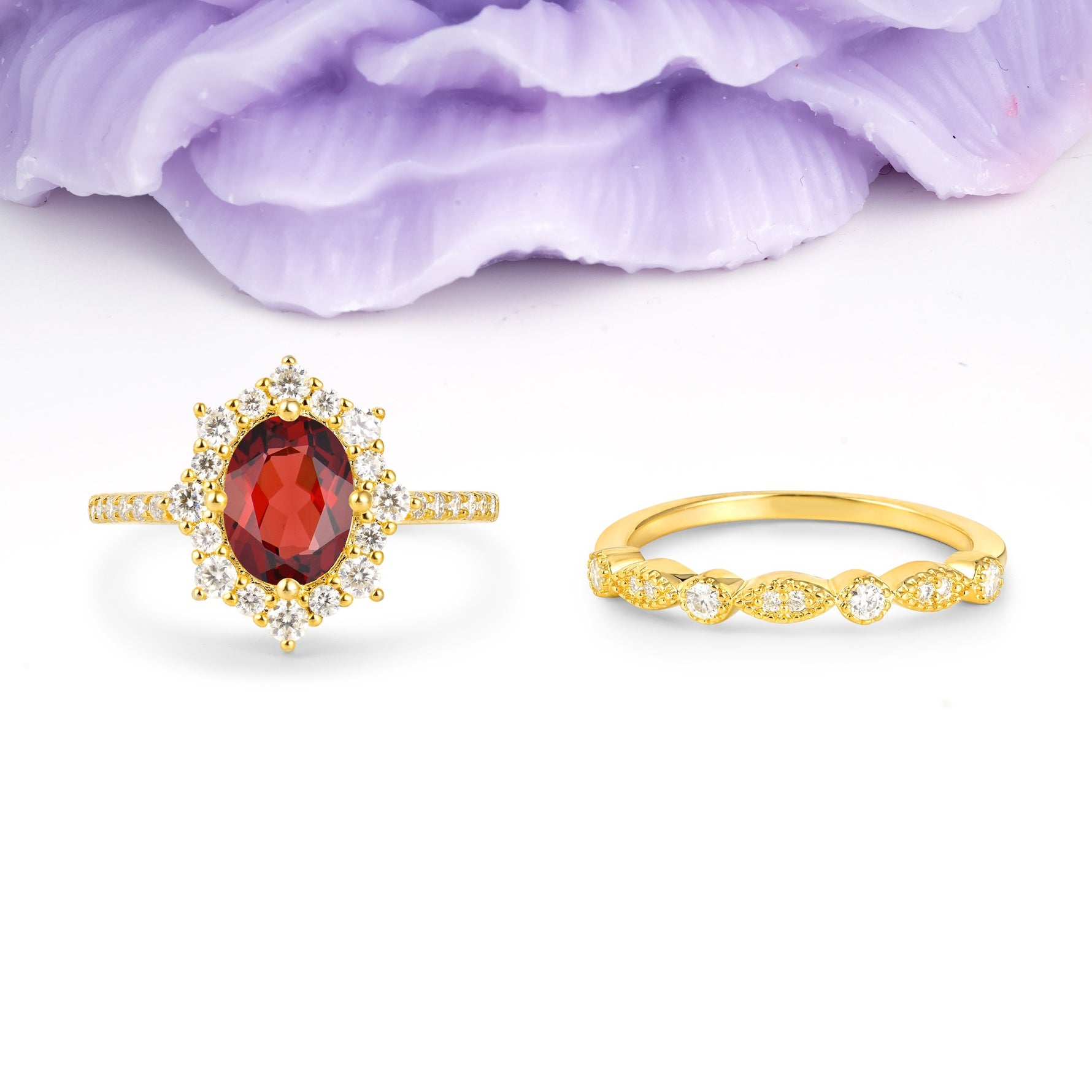 Minimal Polished Inner Band Two In One Oval Cut Halo Vintage Lace Stackable Garnet Bridal ring set - Yellow-Gold