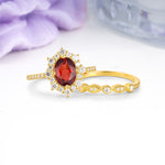Minimal Polished Inner Band Two In One Oval Cut Halo Vintage Lace Stackable Garnet Bridal ring set - Rose-Gold
