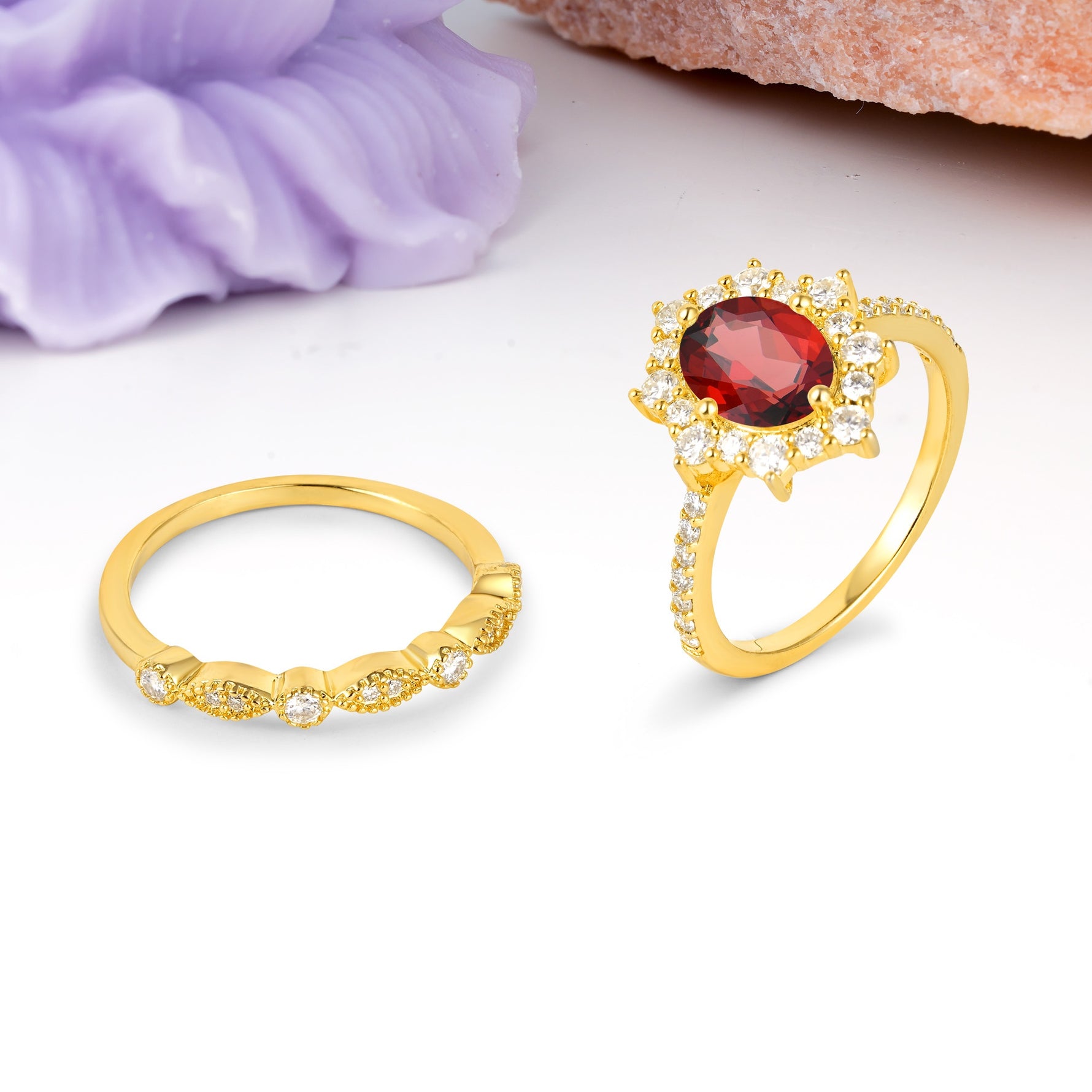 Minimal Polished Inner Band Two In One Oval Cut Halo Vintage Lace Stackable Garnet Bridal ring set - White-Gold