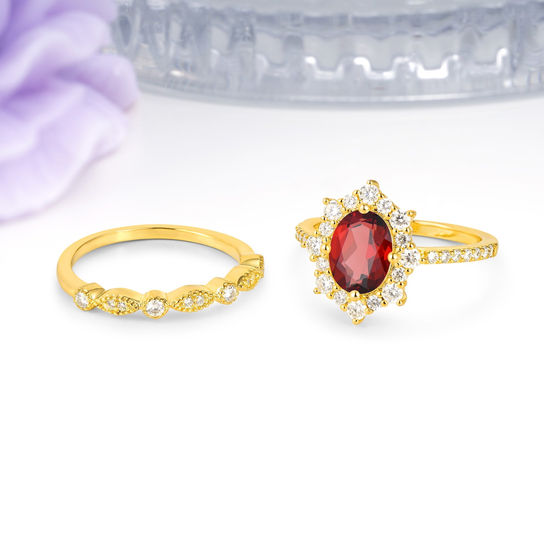 Minimal Polished Inner Band Two In One Oval Cut Halo Vintage Lace Stackable Garnet Bridal ring set - Additional view