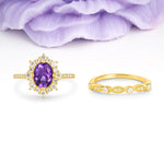 Minimal Polished Inner Band Two In One Oval Cut Halo Vintage Lace Stackable Amethyst Bridal ring set - Yellow-Gold