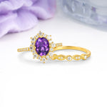 Minimal Polished Inner Band Two In One Oval Cut Halo Vintage Lace Stackable Amethyst Bridal ring set - Rose-Gold