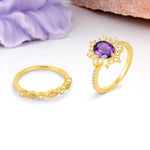 Minimal Polished Inner Band Two In One Oval Cut Halo Vintage Lace Stackable Amethyst Bridal ring set - White-Gold