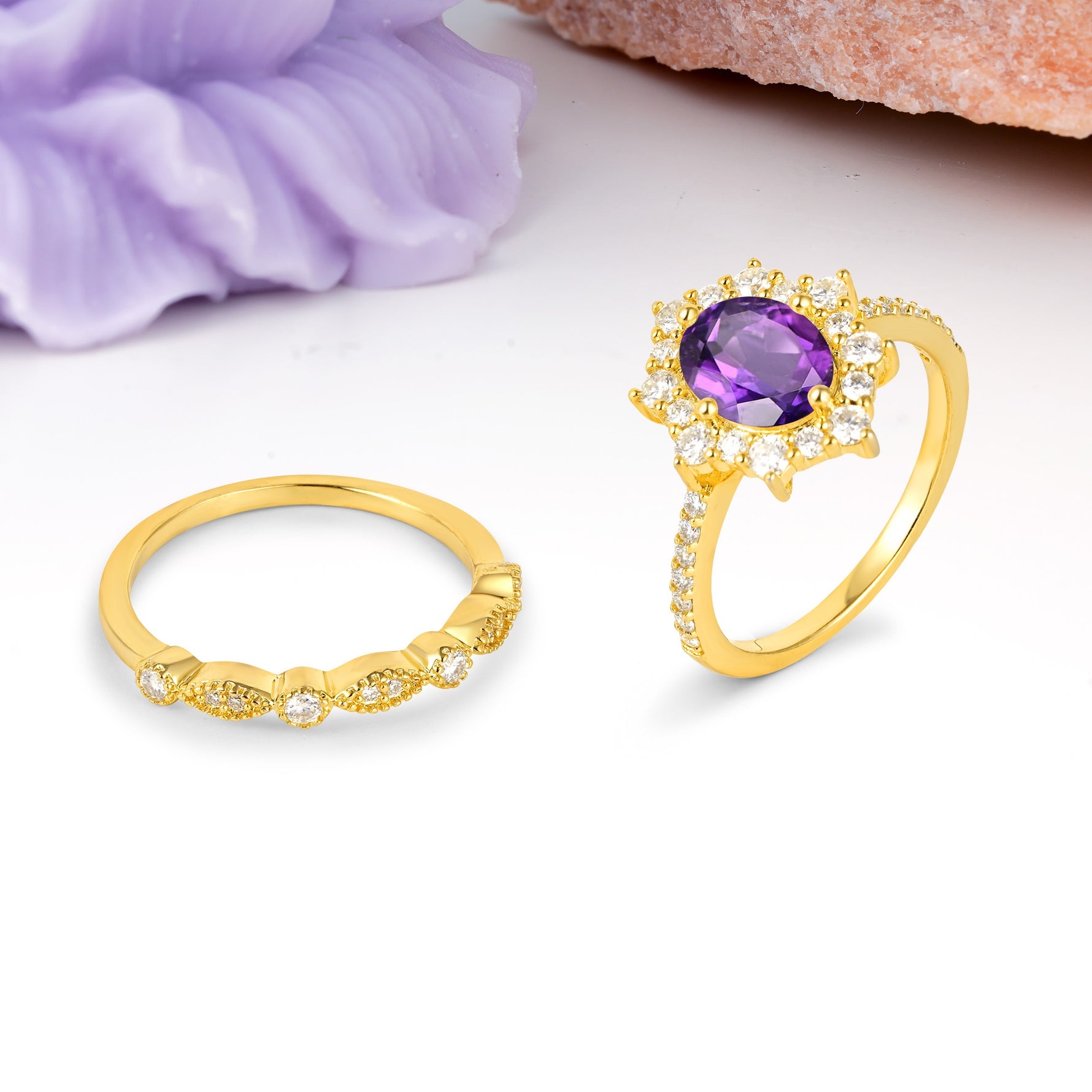 Minimal Polished Inner Band Two In One Oval Cut Halo Vintage Lace Stackable Amethyst Bridal ring set - White-Gold
