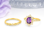 Minimal Polished Inner Band Two In One Oval Cut Halo Vintage Lace Stackable Amethyst Bridal ring set - Additional view