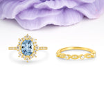 Minimal Polished Inner Band Two In One Oval Cut Halo Vintage Lace Stackable Aquamarine Bridal ring set - Yellow-Gold