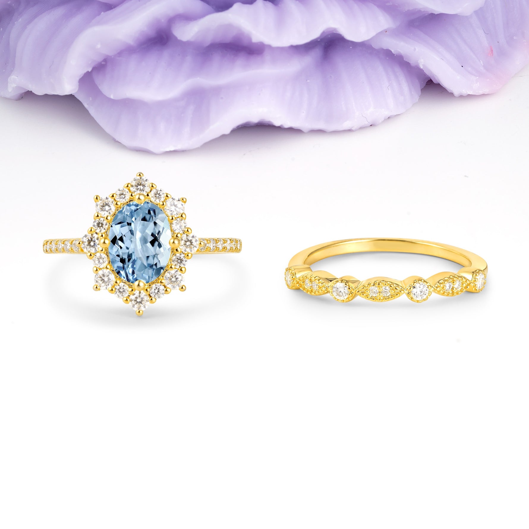 Minimal Polished Inner Band Two In One Oval Cut Halo Vintage Lace Stackable Aquamarine Bridal ring set - Yellow-Gold