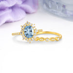 Minimal Polished Inner Band Two In One Oval Cut Halo Vintage Lace Stackable Aquamarine Bridal ring set - Rose-Gold