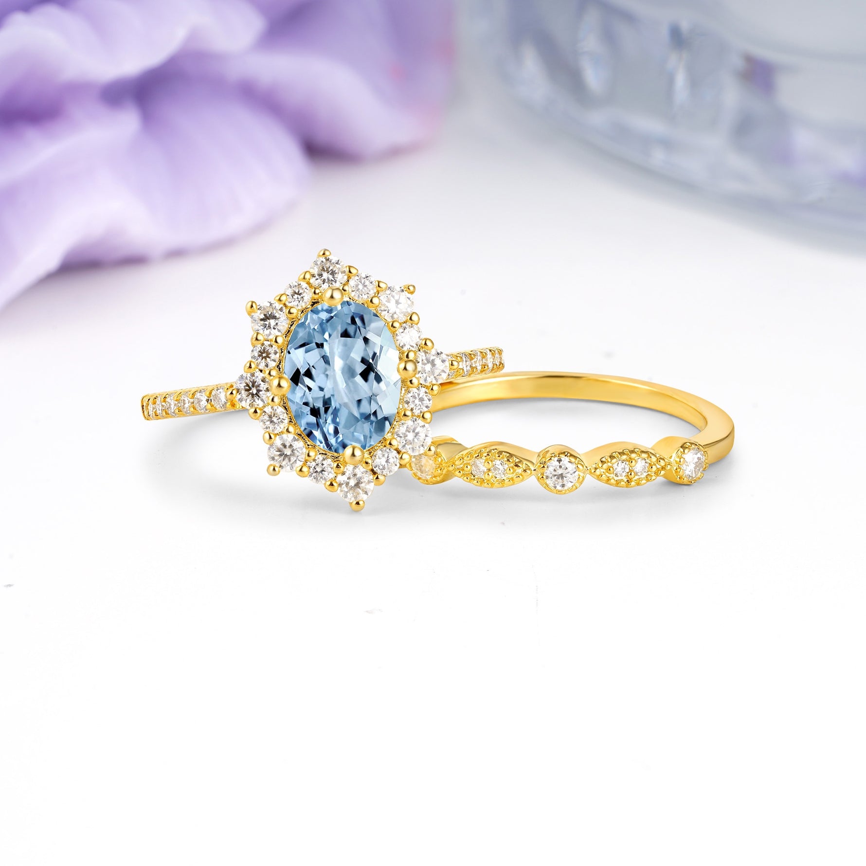 Minimal Polished Inner Band Two In One Oval Cut Halo Vintage Lace Stackable Aquamarine Bridal ring set - Rose-Gold