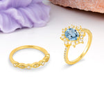 Minimal Polished Inner Band Two In One Oval Cut Halo Vintage Lace Stackable Aquamarine Bridal ring set - White-Gold