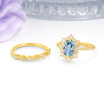 Minimal Polished Inner Band Two In One Oval Cut Halo Vintage Lace Stackable Aquamarine Bridal ring set - Additional view