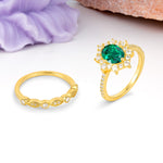 Minimal Polished Inner Band Two In One Oval Cut Halo Vintage Lace Stackable Emerald Bridal ring set - White-Gold