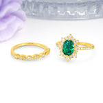 Minimal Polished Inner Band Two In One Oval Cut Halo Vintage Lace Stackable Emerald Bridal ring set - Additional view