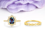 Minimal Polished Inner Band Two In One Oval Cut Halo Vintage Lace Stackable Alexandrite Bridal ring set - Yellow-Gold