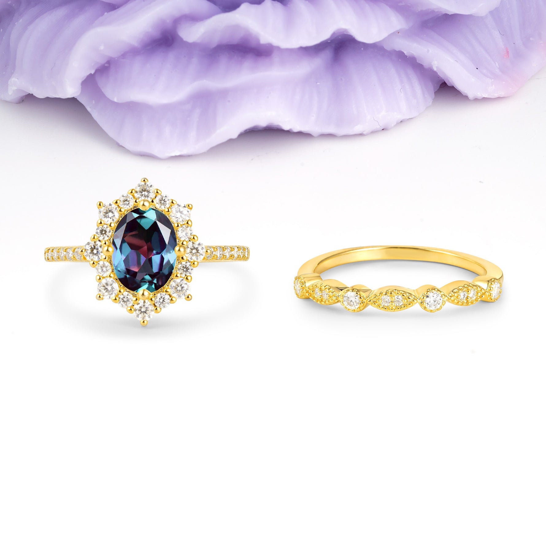 Minimal Polished Inner Band Two In One Oval Cut Halo Vintage Lace Stackable Alexandrite Bridal ring set - Yellow-Gold