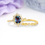 Minimal Polished Inner Band Two In One Oval Cut Halo Vintage Lace Stackable Alexandrite Bridal ring set - Rose-Gold