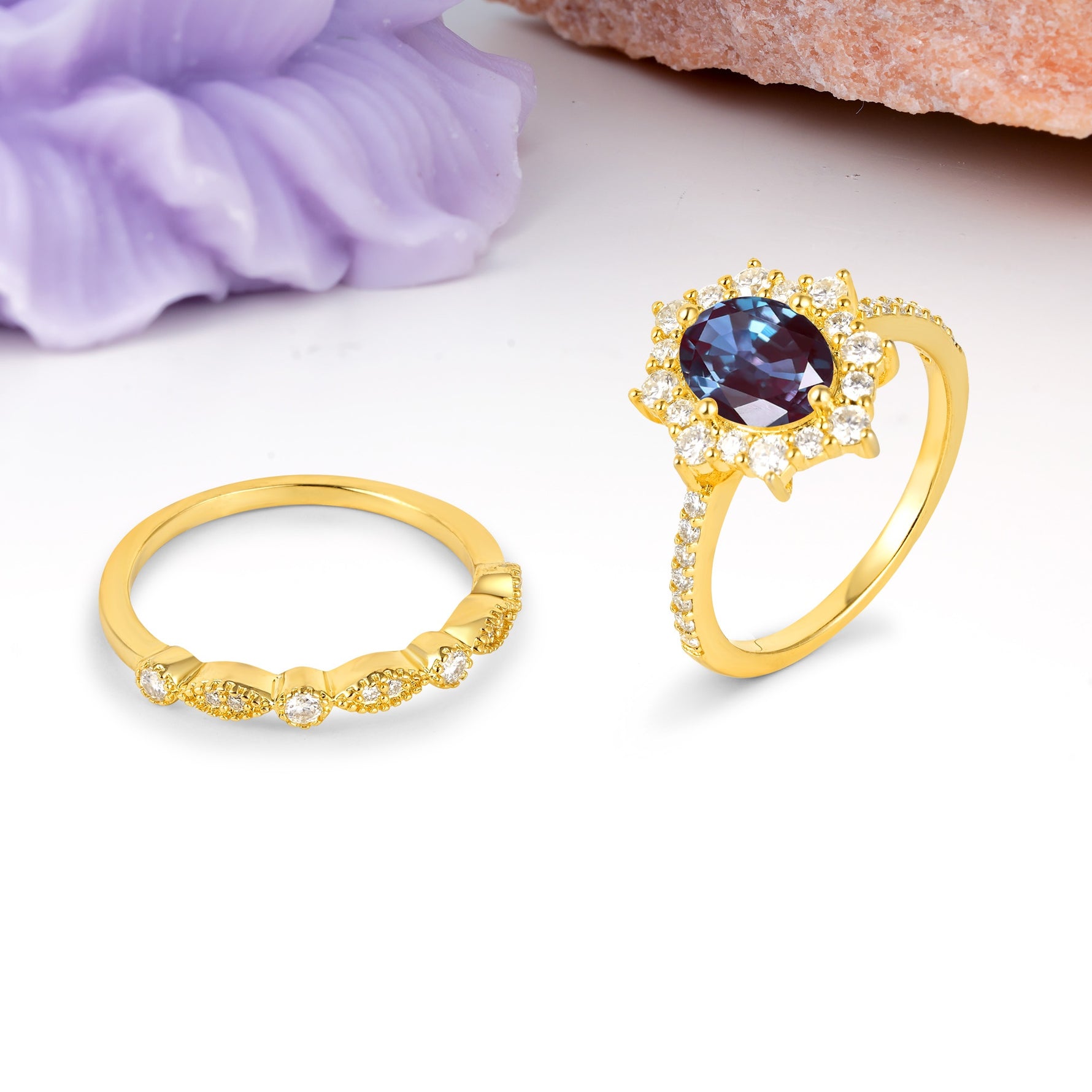 Minimal Polished Inner Band Two In One Oval Cut Halo Vintage Lace Stackable Alexandrite Bridal ring set - White-Gold