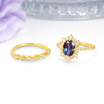 Minimal Polished Inner Band Two In One Oval Cut Halo Vintage Lace Stackable Alexandrite Bridal ring set - Additional view