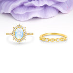 Minimal Polished Inner Band Two In One Oval Cut Halo Vintage Lace Stackable Moonstone Bridal ring set - Yellow-Gold