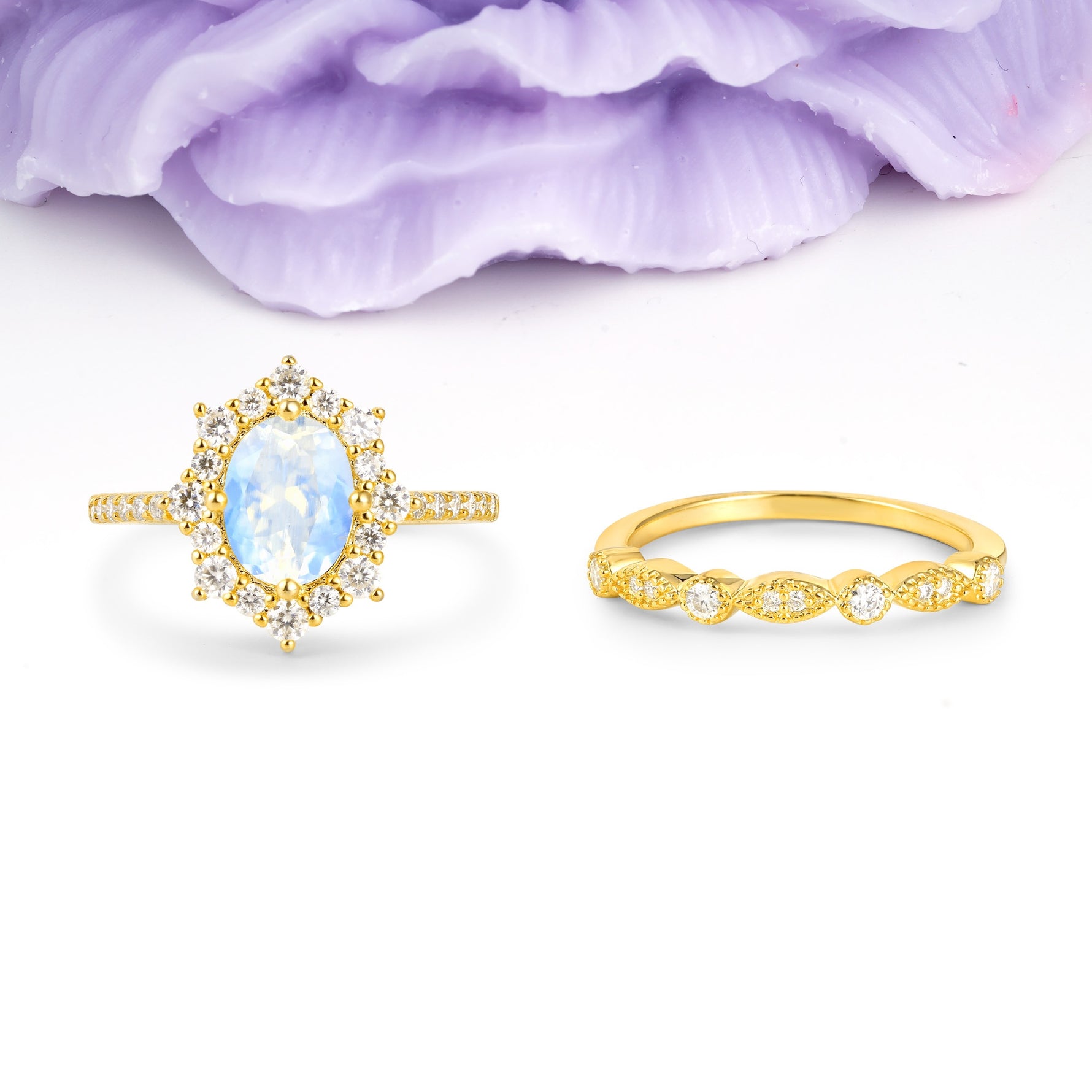Minimal Polished Inner Band Two In One Oval Cut Halo Vintage Lace Stackable Moonstone Bridal ring set - Yellow-Gold