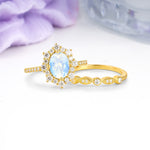 Minimal Polished Inner Band Two In One Oval Cut Halo Vintage Lace Stackable Moonstone Bridal ring set - Rose-Gold