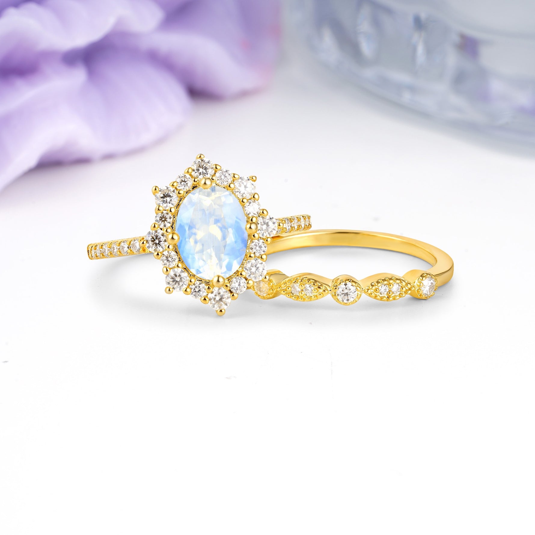 Minimal Polished Inner Band Two In One Oval Cut Halo Vintage Lace Stackable Moonstone Bridal ring set - Rose-Gold