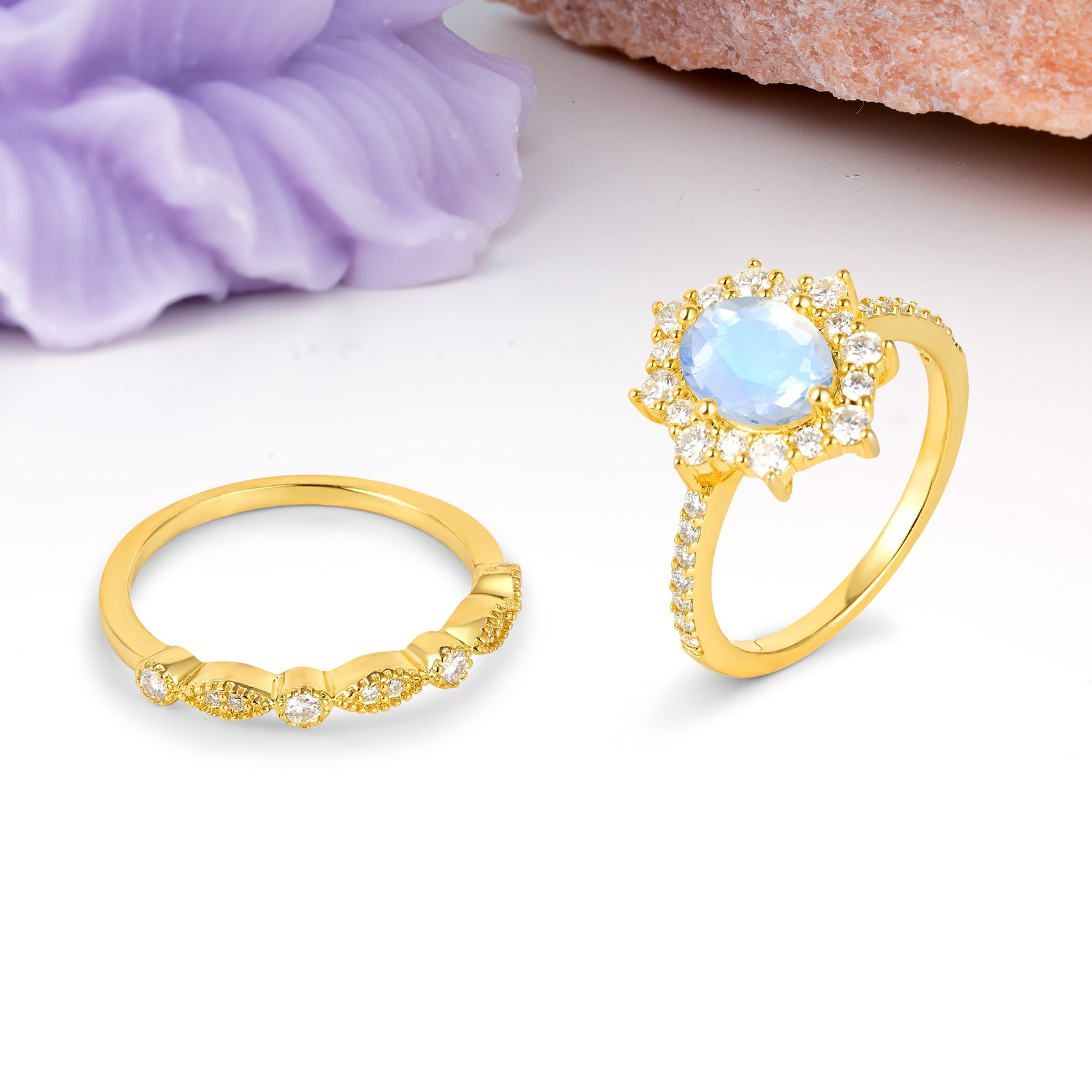 Minimal Polished Inner Band Two In One Oval Cut Halo Vintage Lace Stackable Moonstone Bridal ring set - White-Gold