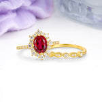 Minimal Polished Inner Band Two In One Oval Cut Halo Vintage Lace Stackable Ruby Bridal ring set - Rose-Gold
