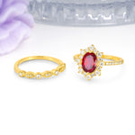 Minimal Polished Inner Band Two In One Oval Cut Halo Vintage Lace Stackable Ruby Bridal ring set - Additional view