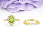 Minimal Polished Inner Band Two In One Oval Cut Halo Vintage Lace Stackable Peridot Bridal ring set - Yellow-Gold