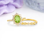Minimal Polished Inner Band Two In One Oval Cut Halo Vintage Lace Stackable Peridot Bridal ring set - Rose-Gold