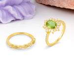 Minimal Polished Inner Band Two In One Oval Cut Halo Vintage Lace Stackable Peridot Bridal ring set - White-Gold