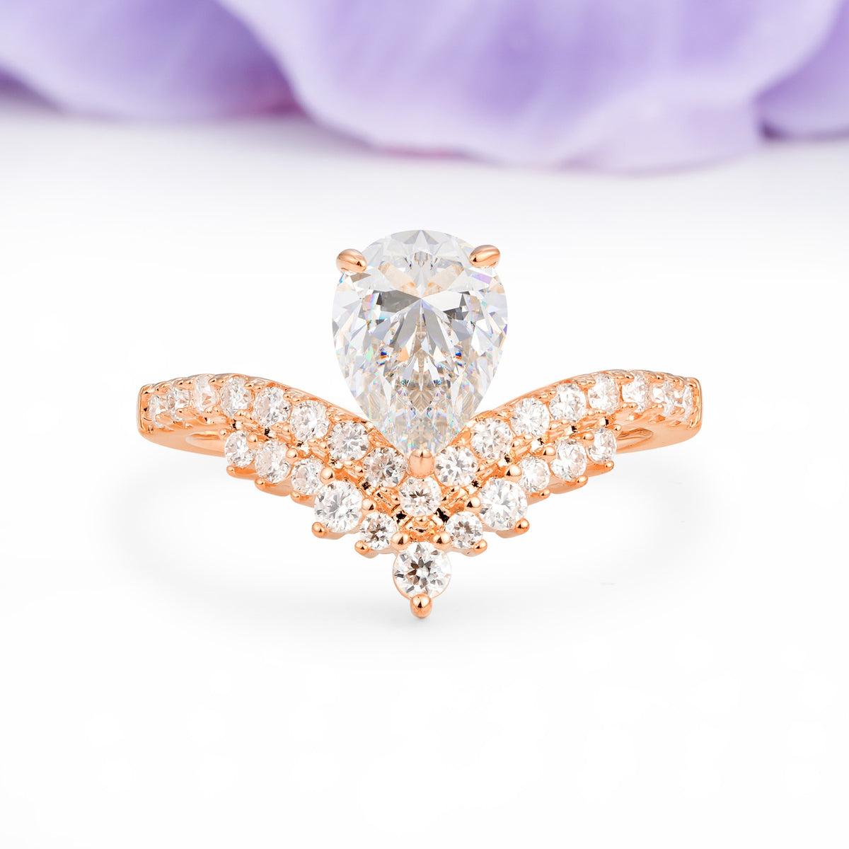 Classic and Unique 3-Prong Crown Setting with Pear Cut Moissanite Engagement Ring - Additional view