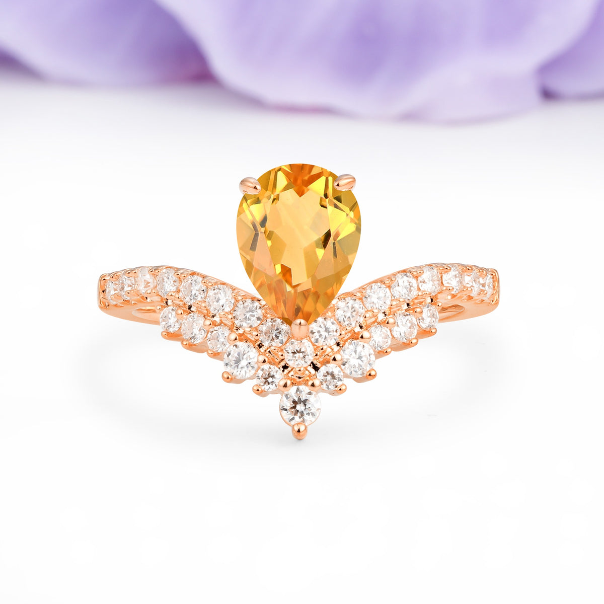 Classic and Unique 3-Prong Crown Setting with Pear Cut Citrine Engagement Ring - Additional view