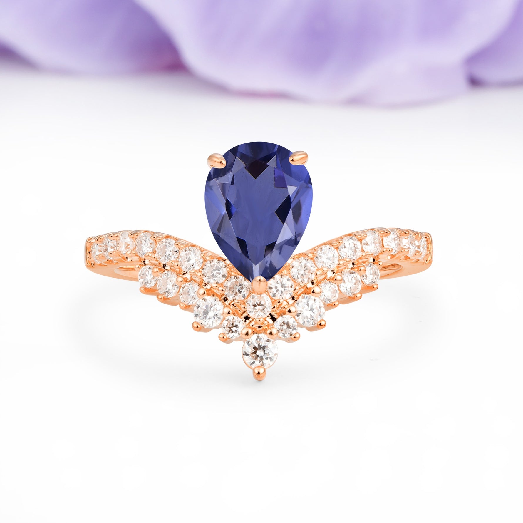 Classic and Unique 3-Prong Crown Setting with Pear Cut Tanzanite Engagement Ring - Additional view