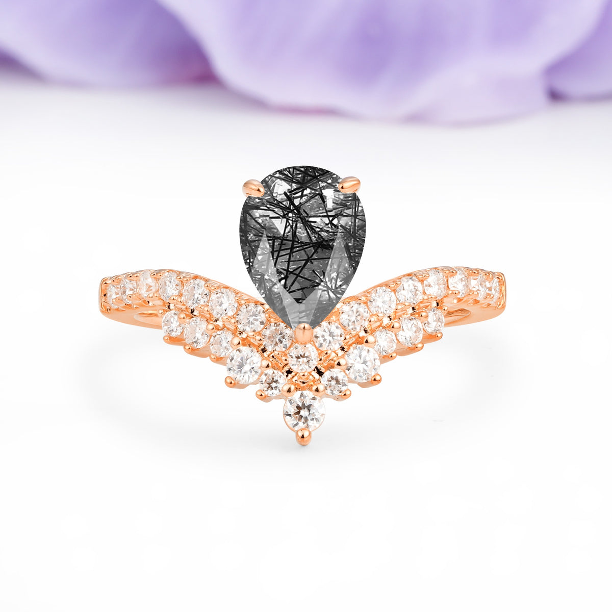 Classic and Unique 3-Prong Crown Setting with Pear Cut Black Rutilated Quartz Engagement Ring - Additional view