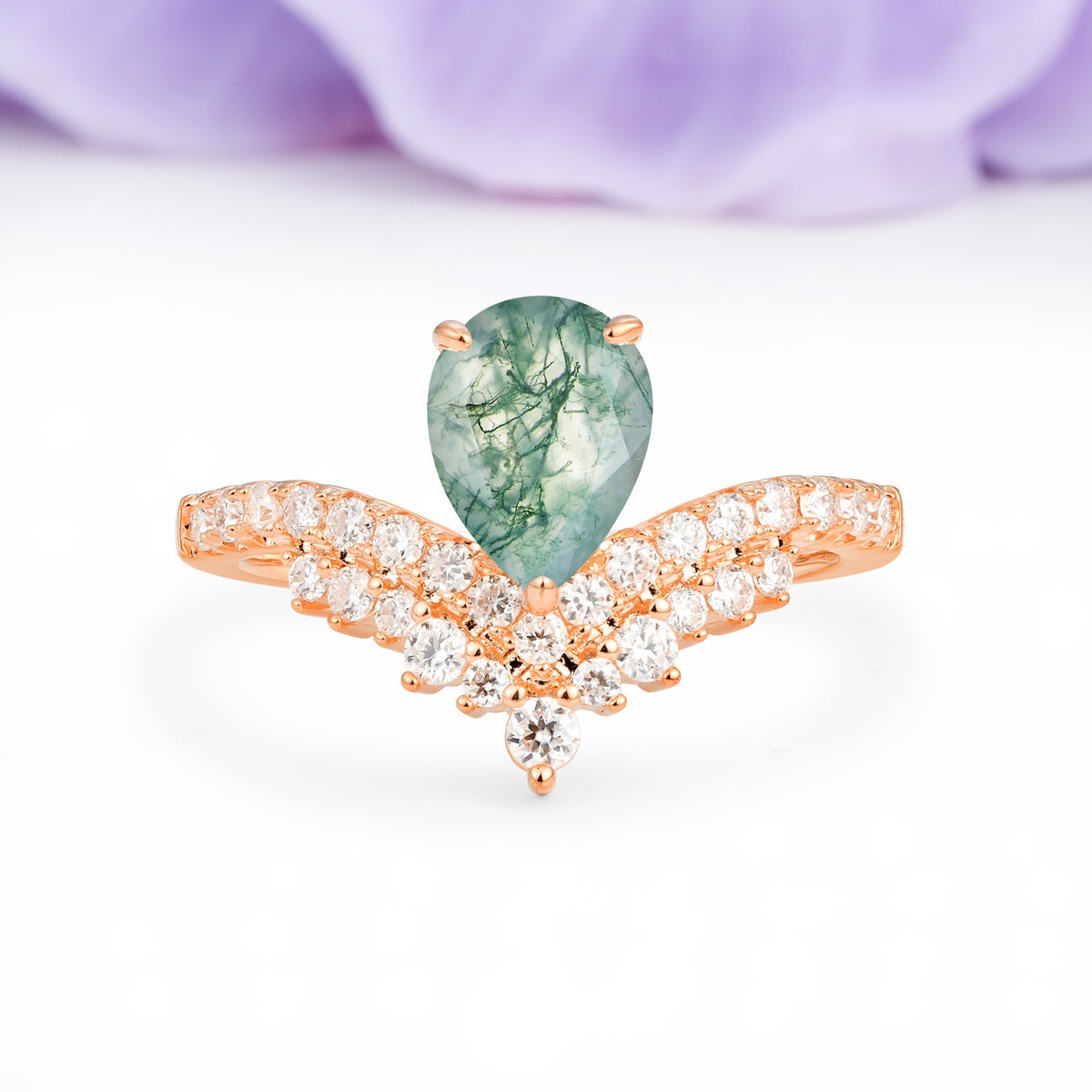 Classic and Unique 3-Prong Crown Setting with Pear Cut Moss Agate Engagement Ring - Additional view