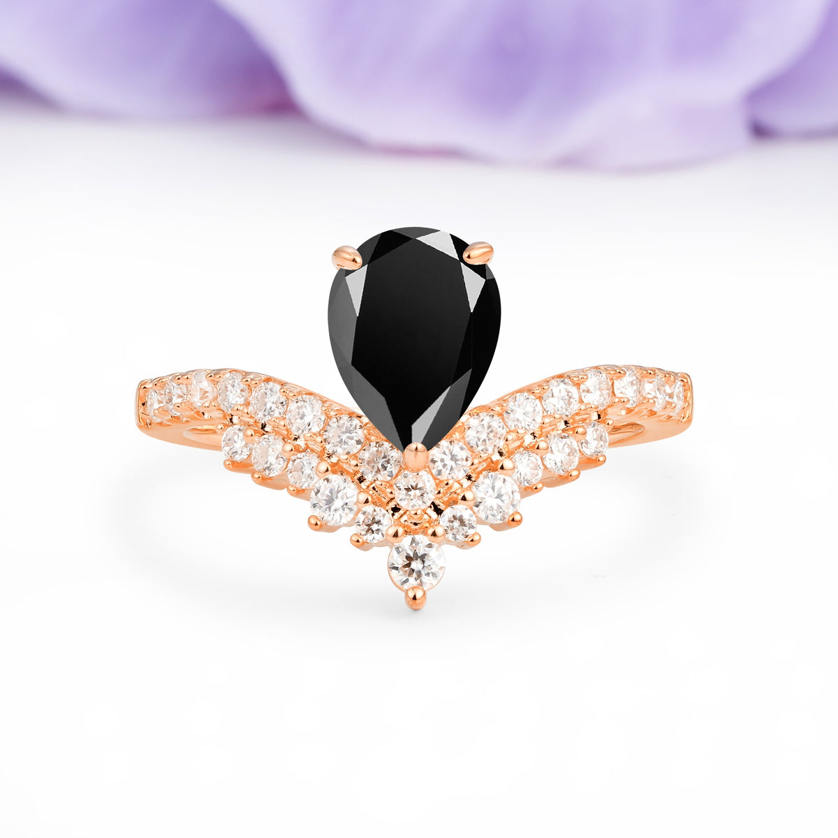 Classic and Unique 3-Prong Crown Setting with Pear Cut Black Onyx Engagement Ring - Additional view