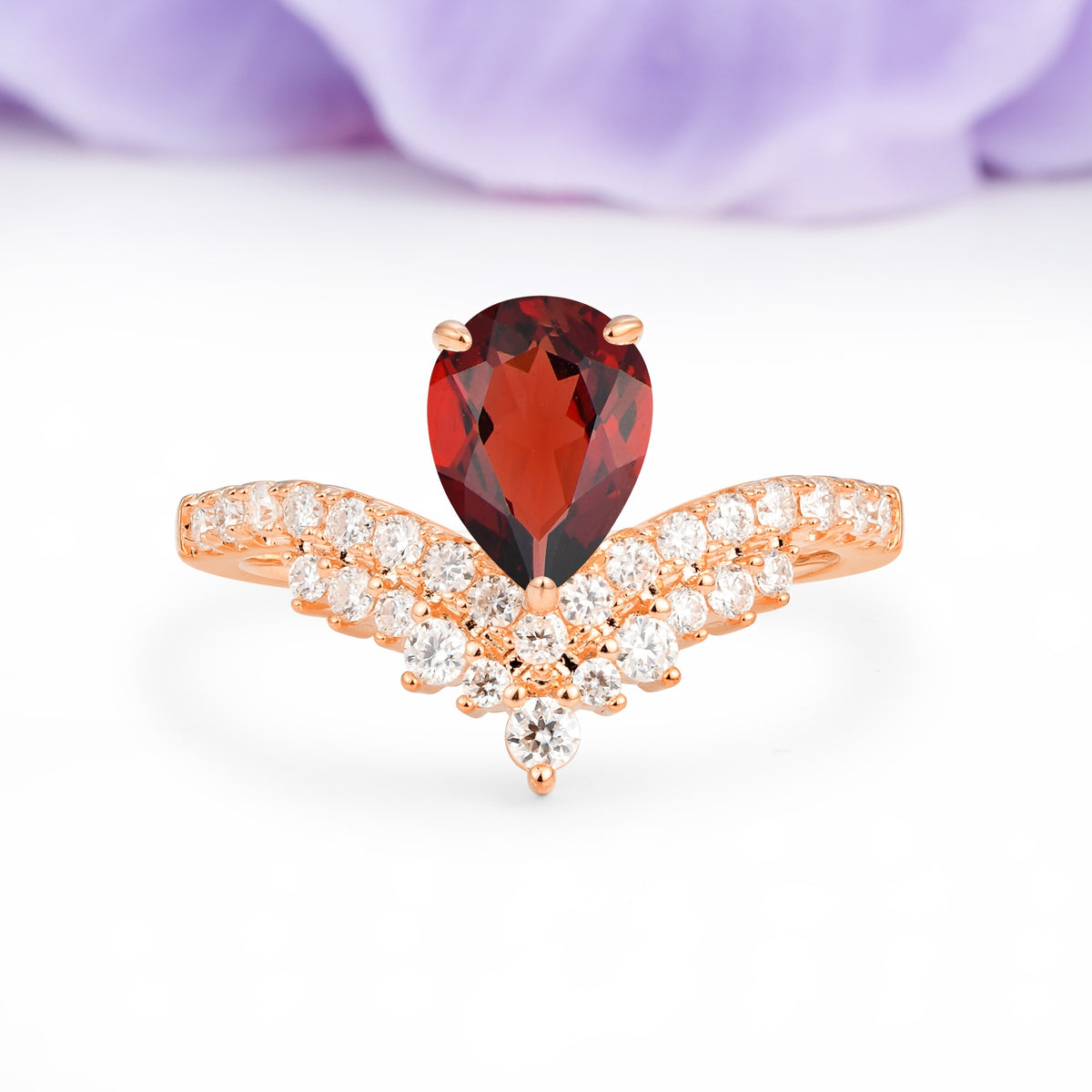 Classic and Unique 3-Prong Crown Setting with Pear Cut Garnet Engagement Ring - Additional view