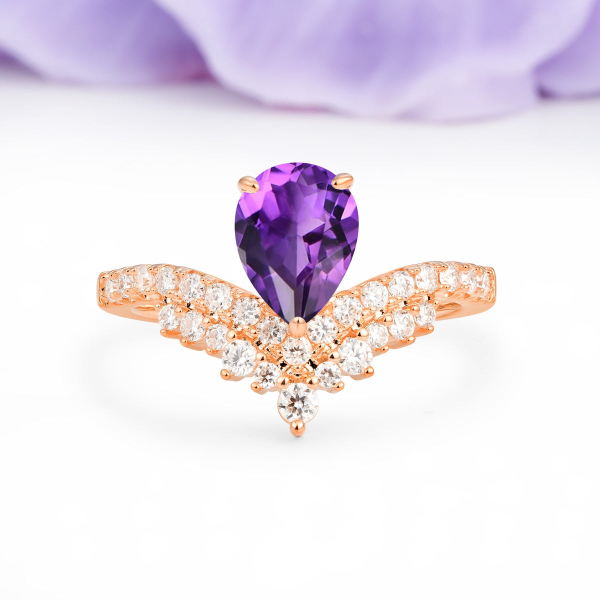 Classic and Unique 3-Prong Crown Setting with Pear Cut Amethyst Engagement Ring - Additional view