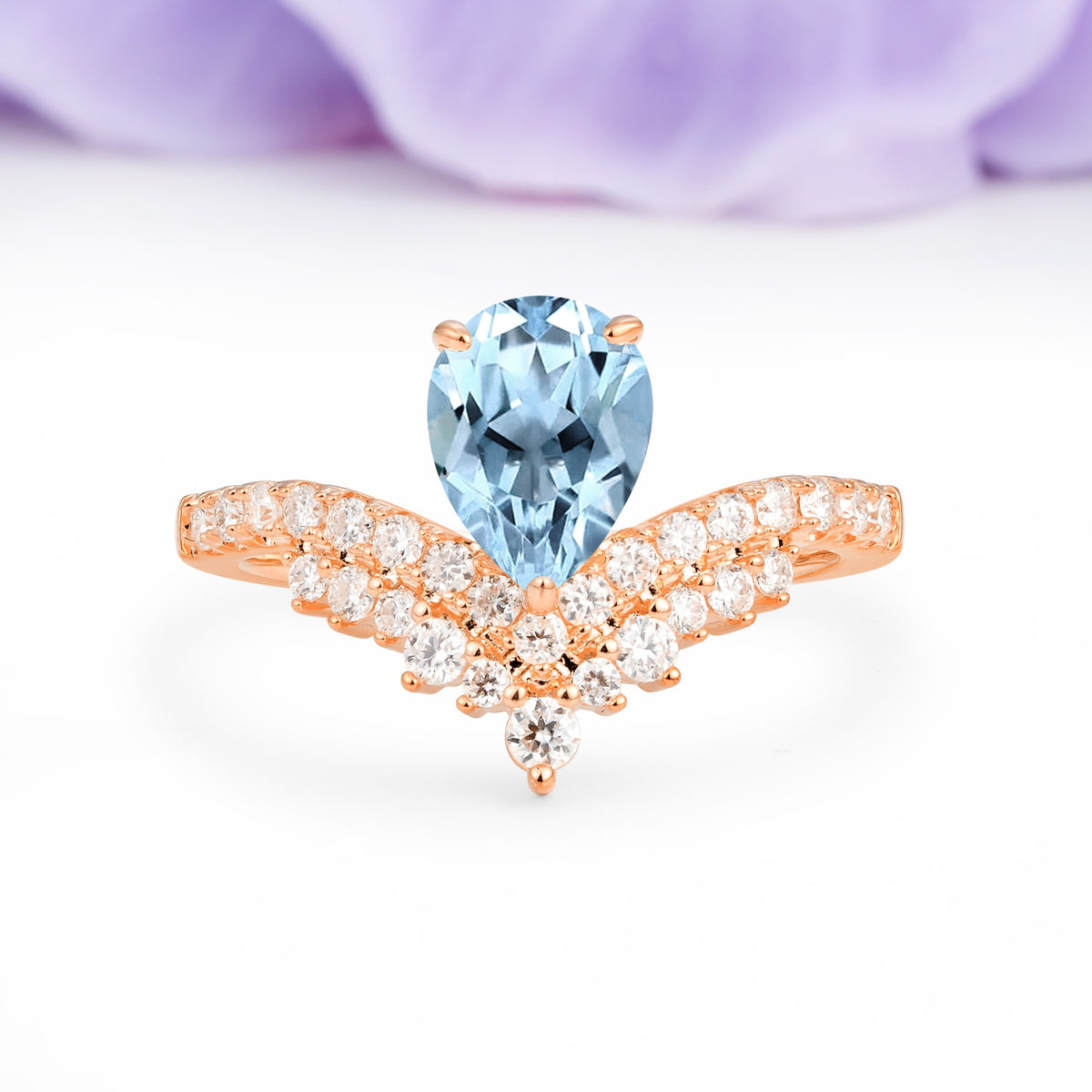 Classic and Unique 3-Prong Crown Setting with Pear Cut Aquamarine Engagement Ring - Additional view