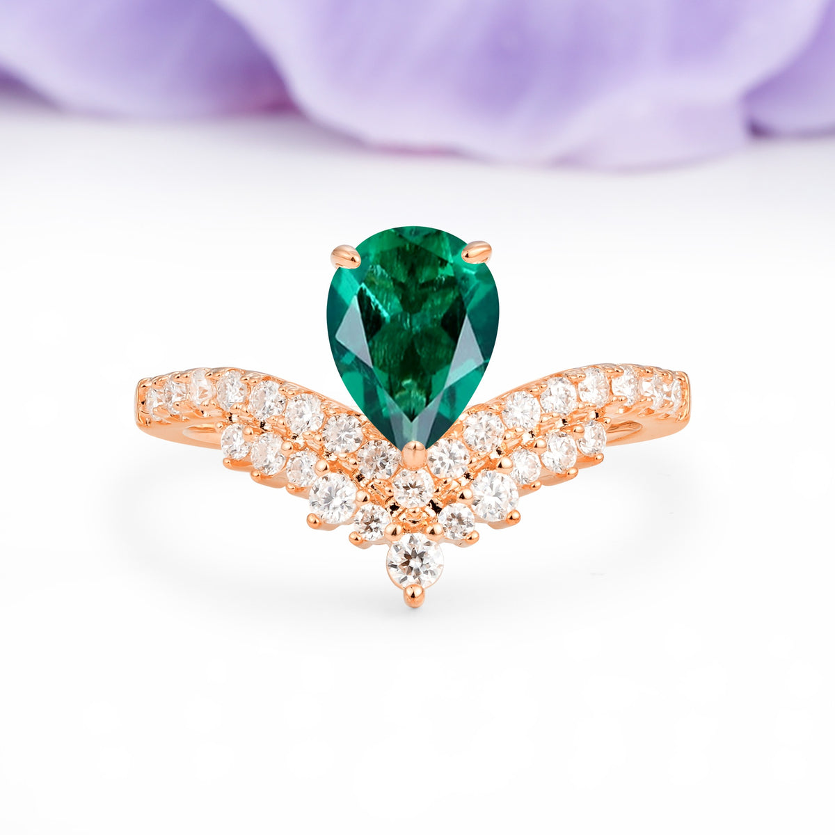 Classic and Unique 3-Prong Crown Setting with Pear Cut Emerald Engagement Ring - Additional view