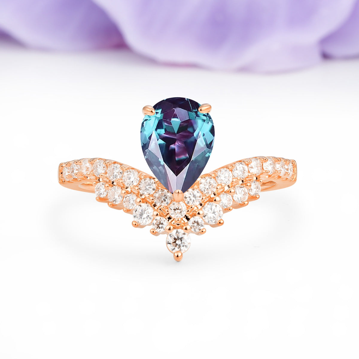 Classic and Unique 3-Prong Crown Setting with Pear Cut Alexandrite Engagement Ring - Additional view